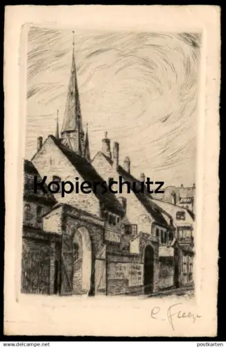 ALTE POSTKARTE FLENSBURG KLOSTERGANG ORIGINAL RADIERUNG HANDABZUG SIGNIERT CARL FLEEGE Ansichtskarte AK cpa postcard