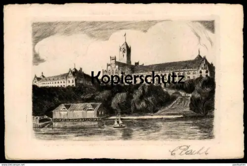 ALTE POSTKARTE FLENSBURG MARINE-SCHULE ORIGINAL RADIERUNG HANDABZUG SIGNIERT C. PAHL Ansichtskarte AK cpa postcard