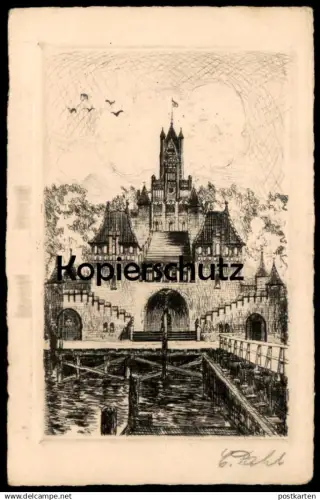 ALTE POSTKARTE FLENSBURG MARINE-SCHULE ORIGINAL RADIERUNG HANDABZUG SIGNIERT C. PAHL Ansichtskarte AK cpa postcard