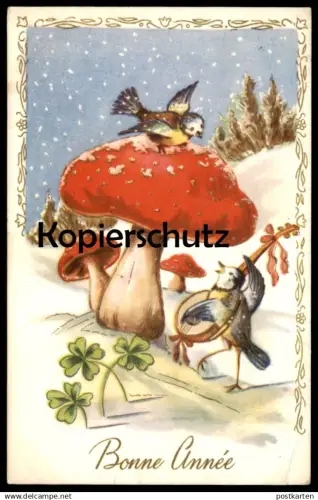 ALTE POSTKARTE BONNE ANNÉE AMANITE MOUCHE MÉSANGE BLEU FLIEGENPILZ BLAUMEISE GITARRE guitar fly agaric blue tit cpa AK