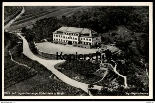 ALTE POSTKARTE RÜDESHEIM AM RHEIN BLICK AUF DIE JUGENDHERBERGE LUFTBILD FLIEGERAUFNAHME PANORAMA postcard Ansichtskarte