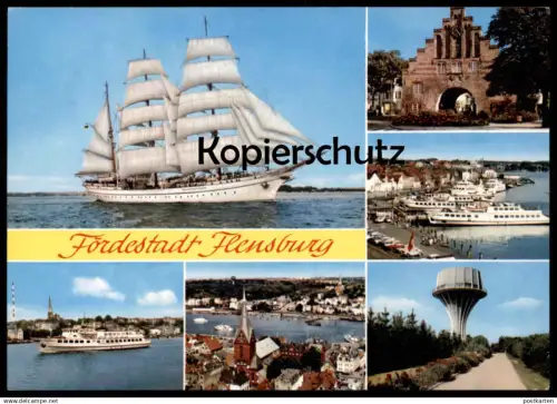 ÄLTERE POSTKARTE FÖRDESTADT FLENSBURG HAFEN SCHIFFE SEGELSCHIFF WASSERTURM Schiff ship bateau port postcard AK cpa