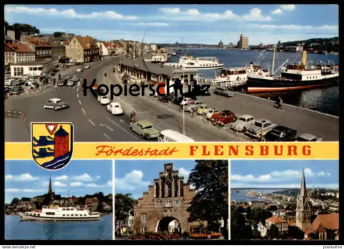 ÄLTERE POSTKARTE FÖRDESTADT FLENSBURG HAFEN UND STADT SCHIFF ALBATROS VOLKSWAGEN VW KÄFER ship bateau AK postcard cpa