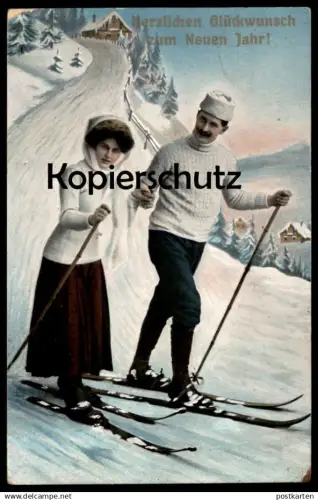 ALTE POSTKARTE HERZLICHEN GLÜCKWUNSCH ZUM NEUEN JAHRE! NEUJAHR SKIFAHREN faire du ski skiing cpa postcard Ansichtskarte