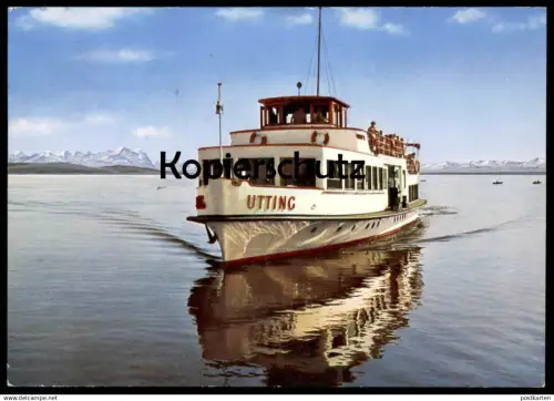 ÄLTERE POSTKARTE SCHIFF UTTING AUF DEM AMMERSEE MIT BLICK GEGEN ZUGSPITZE UND ALLGÄUER ALPEN Motorschiff AK postcard cpa