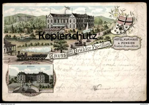 ALTE LITHO POSTKARTE BRÜHL BEI KÖLN GRUSS AUS DEM BRÜHLER PAVILLON FRANZ KLUTH DAMPFLOK ZUG 1898 Ansichtskarte postcard