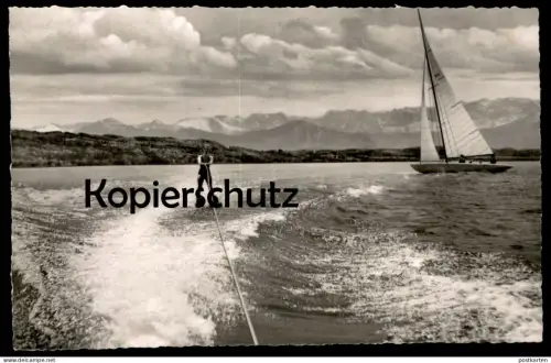 ÄLTERE POSTKARTE AMMERSEE SPIEL AUF DEN WELLEN WASSERSKI water ski nautique waterski Karwendelgebirge AK postcard cpa