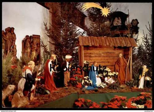 ÄLTERE POSTKARTE KRIPPE WEIHNACHTEN HOLZKRIPPE KÖLN-MITTE crib couvent christmas Krippenfiguren Maria Josef Schaf Stall