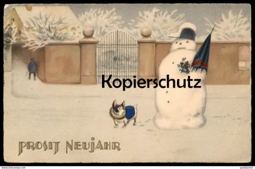 ALTE POSTKARTE SCHNEEMANN UND HUND PROSIT NEUJAHR MOPS ? dog chien snowman bonhomme de neige