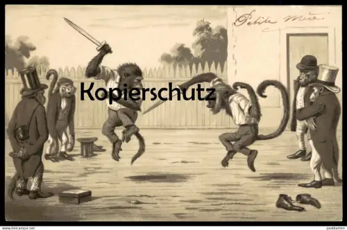 ALTE POSTKARTE AFFEN VERMENSCHLICHT AFFE KAMPF FIGHT STUDENTIKA ? monkey ape singe postcard cpa AK Ansichtskarte