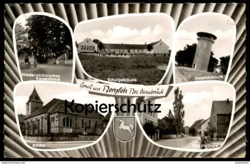 ÄLTERE POSTKARTE GRUSS AUS BORGLOH SCHULGEBÄUDE BAUERNHAUS HAUPTSTRASSE AUSSICHTSTURM HILTER Ansichtskarte AK postcard