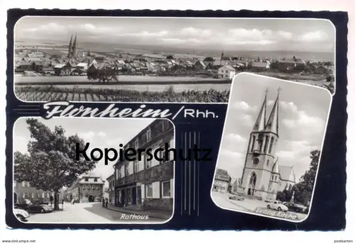 ÄLTERE POSTKARTE FLONHEIM RHEINHESSEN RATHAUS EVANGELISCHE KIRCHE PANORAMA ALZEY-LAND AK Ansichtskarte cpa postcard