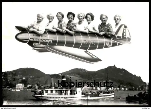 ÄLTERES FOTO KÖNIGSWINTER FRAUEN FLIEGEN FLUGZEUG FLIEGER DAMPFER SCHIFF Fotomontage Montage Photo Surrealisme ship