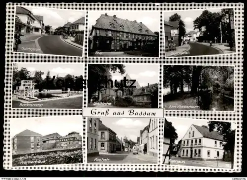 ÄLTERE POSTKARTE GRUSS AUS BASSUM SULINGER STRASSE FRANZ VICK ZENITH UHREN BADEANSTALT KIRCHSTRASSE KRANKENHAUS RATHAUS