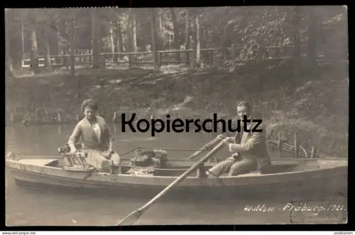 ALTE PHOTO POSTKARTE FREIBURG WALDSEE RUDERER Boot Ruderboot Boat See Lake Hut Hüte Stempel Kollnau Ansichtskarte AK cpa