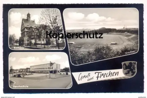ÄLTERE POSTKARTE GRUSS AUS FRECHEN STADION BERUFSSCHULE RATHAUS soccer stadium stade Ansichtskarte AK cpa postcard