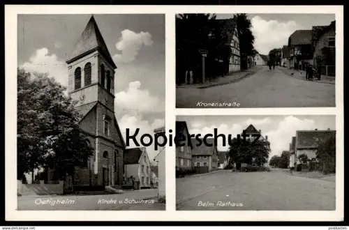 ALTE POSTKARTE OETIGHEIM KIRCHE UND SCHULHAUS KRONENSTRASSE BEIM RATHAUS LANDKREIS RASTATT Ansichtskarte AK postcard cpa