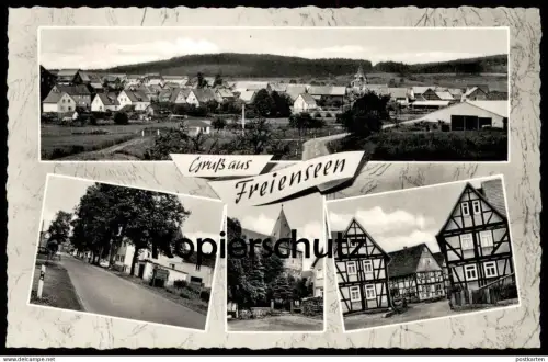 ÄLTERE POSTKARTE GRUSS AUS FREIENSEEN LAUBACH STEMPEL GRÜNBERG Fachwerkhaus Panorama Ansichtskarte AK postcard cpa