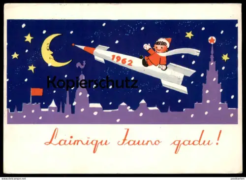 ÄLTERE POSTKARTE LAIMIGU JAUNO GADU 1962 LATVIA LETTLAND NEUJAHR SANDMANN RAKETE ROCKET MOND STERN MOON postcard cpa AK