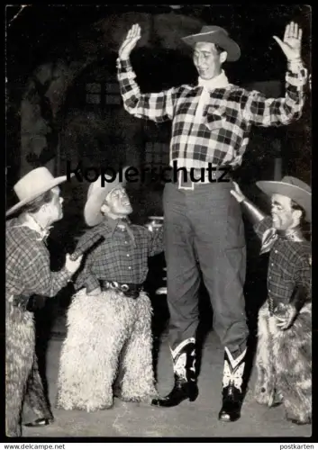 ALTE POSTKARTE CIRCUS KRONE BIMBO SUPERMENSCH DER GRÖSSTE COWBOY DER WELT Liliputaner Zircus Cirque Lilliputian Midget