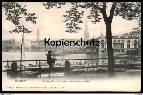 ALTE POSTKARTE HAMBURG ALSTERPAVILLON VOM NEUEN JUNGFERNSTIEG MODELLBOOT JUNGE SEGELSCHIFF MODELL Ansichtskarte postcard