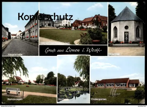 ÄLTERE POSTKARTE LIENEN IN WESTFALEN 1000 JÄHRIGER GEDENKSTEIN EHRENMAL HAUPTSTRASSE Teutoburger Wald Ansichtskarte