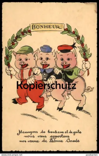 ALTE POSTKARTE BONHEUR BONNE ANNÉE VERMENSCHLICHTE SCHWEINE HUMANISED PIGS COCHON HUMANISE NEUJAHR postcard cpa AK