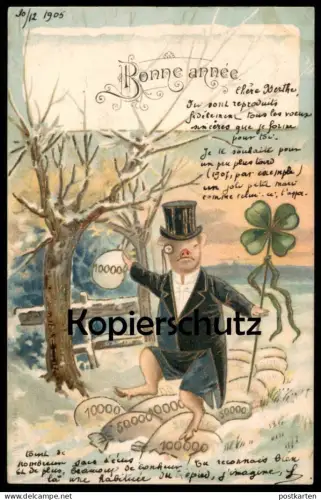 ALTE PRÄGE POSTKARTE BONNE ANNÉE VERMENSCHLICHTES SCHWEIN HUMANISED PIG COCHON HUMANISE NEUJAHR postcard Ansichtskarte