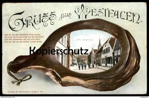 ALTE LITHO POSTKARTE GRUSS AUS WESTFALEN OELDE LANGESTRASSE SCHINKEN LANGE STRASSE Ansichtskarte AK cpa postcard