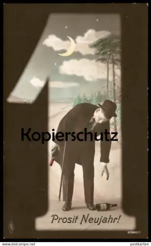 ALTE POSTKARTE PROSIT NEUJAHR 1 MANN & SEKT ALKOHOL MOND Champagne Sleigh sparkling wine surrealsime Ansichtskarte cpa