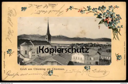 ALTE PRÄGE POSTKARTE GRUSS AUS CHIEMING AM CHIEMSEE PANORAMA 1907 GESAMTANSICHT BAYERN VERLAG KUGLER PRIEN Ansichtskarte