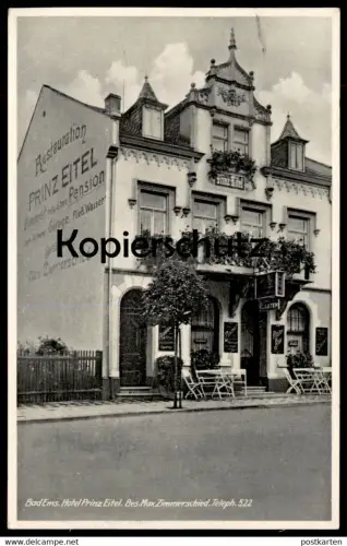 ALTE POSTKARTE BAD EMS HOTEL PRINZ EITEL BESITZER MAX ZIMMERSCHIED GARTEN KLOSTERBRÄU SPEISEN AK Ansichtskarte postcard
