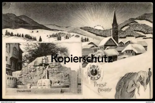 ALTE POSTKARTE OSNABRÜCK PROSIT NEUJAHR HAARMANNSBRUNNEN DAS NEUE JAHR SONNE DAS ALTE JAHR GREIS Ansichtskarte AK cpa