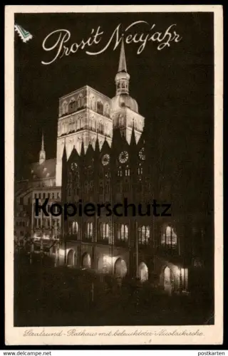 ALTE POSTKARTE STRALSUND 1928 PROSIT NEUJAHR RATHAUS UND BELEUCHTETE NICOLAIKIRCHE BEI NACHT Ansichtskarte cpa postcard