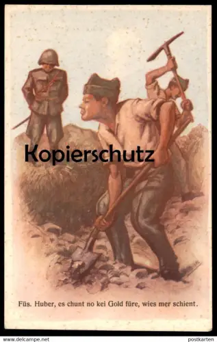 ALTE POSTKARTE MILITÄR SCHWEIZ ARBEITER HUMOR FÜSILIER HUBER ES CHUNT NO KEI GOLD FÜRE SOLDAT Ansichtskarte postcard cpa