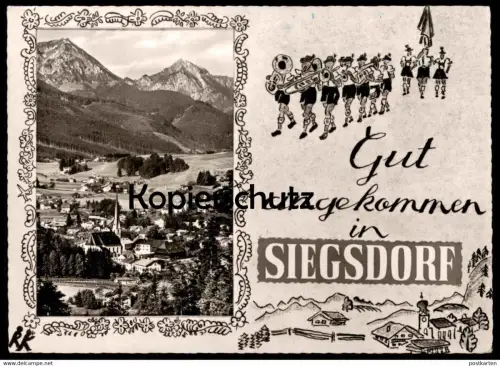 ÄLTERE POSTKARTE GUT ANGEKOMMEN IN SIEGSDORF PANORAMA BLASKAPELLE TUBA POSAUNE Ansichtskarte cpa postcard