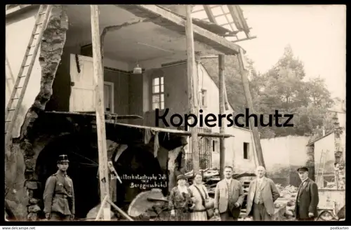 ALTE POSTKARTE BERGGIESSHÜBEL JULI 1927 UNWETTERKATASTROPHE POLIZIST UNIFORM POLICE OFFICER RUINE BAD GOTTLEUBA postcard