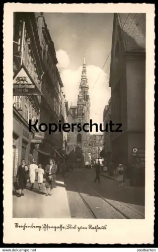 ALTE POSTKARTE REICHENBERG LIBEREC EISENGASSE BLICK ZUM RATHAUS FLEISCH-WURSTHALLE PFOHL Sudeten Ansichtskarte postcard