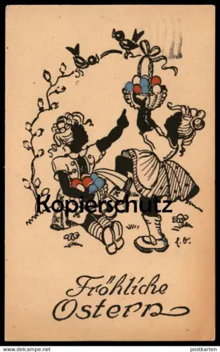 ALTE POSTKARTE FRÖHLICHE OSTERN MÄDCHEN OSTEREIER FARBIG SCHATTENBILD KIND SCHERENSCHNITT easter enfant child AK