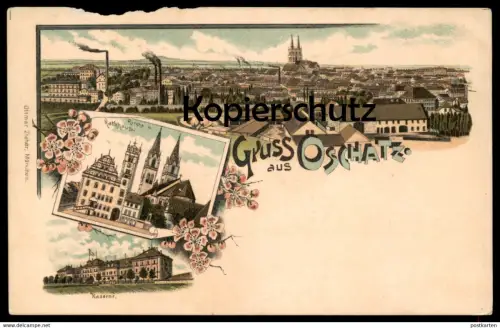 ALTE LITHO POSTKARTE GRUSS AUS OSCHATZ PANORAMA KIRCHE UND RATHHAUS KASERNE Rathaus Ansichtskarte AK cpa postcard
