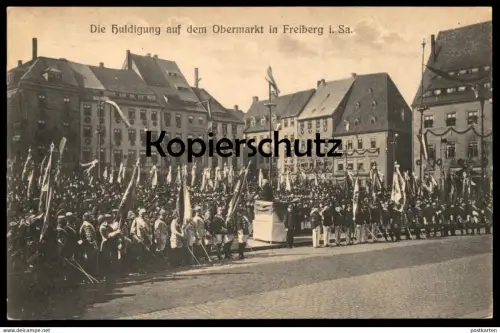 ALTE POSTKARTE FREIBERG IN SACHSEN DIE HULDIGUNG AUF DEM OBERMARKT STUDENTENVERBINDUNG STUDENTIKA Studentica postcard AK