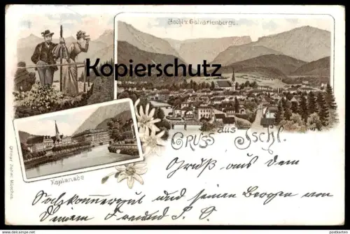 ALTE LITHO POSTKARTE GRUSS AUS ISCHL VOM CALVARIENBERGE ESPLANADE TRACHT OBERÖSTERREICH Bad Ischl Österreich AK postcard