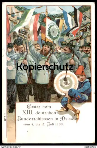 ALTE POSTKARTE DRESDEN GRUSS VOM XIII. DEUTSCHEN BUNDESSCHIESSEN 1900 Zielscheibe Ziel Schützen Ansichtskarte postcard