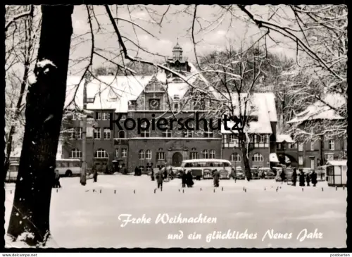 ÄLTERE POSTKARTE BERGISCH GLADBACH RATHAUS IM SCHNEE WINTER FROHE WEIHNACHTEN & EIN GLÜCKLICHES NEUES JAHR OMNIBUS BUS