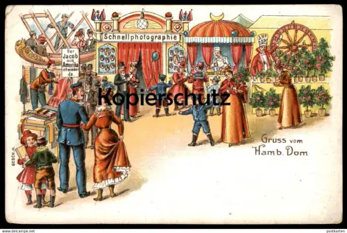 ALTE LITHO POSTKARTE GRUSS VOM HAMBURGER DOM DER JACOB AUS AMERIKA IST WIEDER DA JAKOB HAMBURG postcard carousel cpa AK