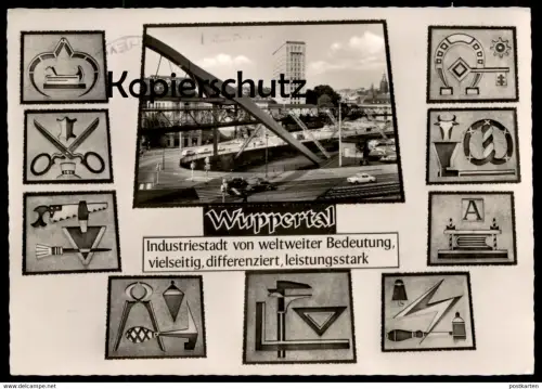 ÄLTERE POSTKARTE WUPPERTAL INDUSTRIESTADT VON WELTWEITER BEDEUTUNG SÄGE SCHERE ZANGE SCHREINER METZGER BREZEL BERUFE