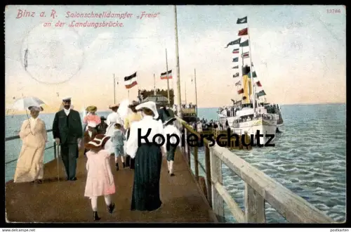 ALTE POSTKARTE BINZ AUF RÜGEN SALONSCHNELLDAMPFER FREIA LANDUNGSBRÜCKE DAMPFER Schiff postcard steamship steamboat ship