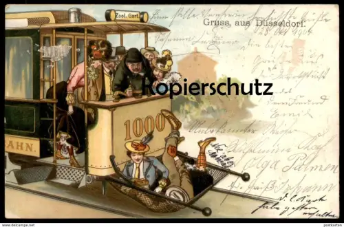 ALTE POSTKARTE GRUSS AUS DÜSSELDORF STRASSENBAHN ZOOLOGISCHER GARTEN FUSSGÄNGER HUMOR Tram Ansichtskarte postcard cpa