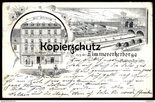 ALTE LITHO POSTKARTE MANNHEIM GRUSS AUS DER ZIMMERERHERBERGE ZUR HERBERGE ZIMMERER ZUM GOLDENEN ADLER AK cpa postcard