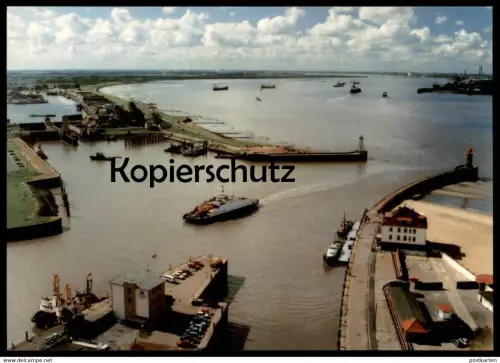 ÄLTERE POSTKARTE BREMERHAVEN GEESTEVORHAFEN BLICK AUF WESER FÄHRE LUFTBILD HAFEN Fliegeraufnahme Panorama Ansichtskarte